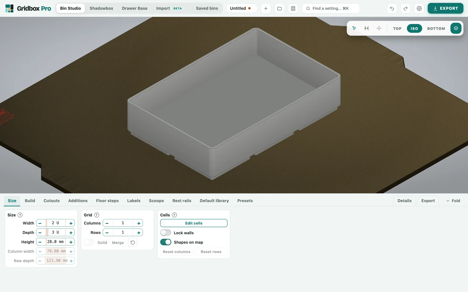 Bin Studio with a 2 by 3 bin on the print plate and the Size tab open