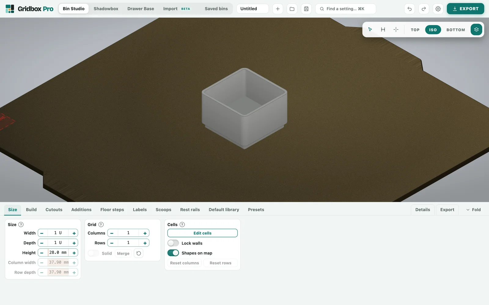 Gridbox Pro when it first opens: Bin Studio with a one-square bin on the print plate and the Size tab below