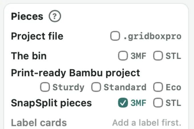 The Export tab file choices: project file, 3MF or STL, a print-ready Bambu Studio project and SnapSplit pieces