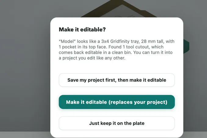 Gridbox Pro recognizing an imported 3MF as a 3x4 Gridfinity tray and offering to make it editable